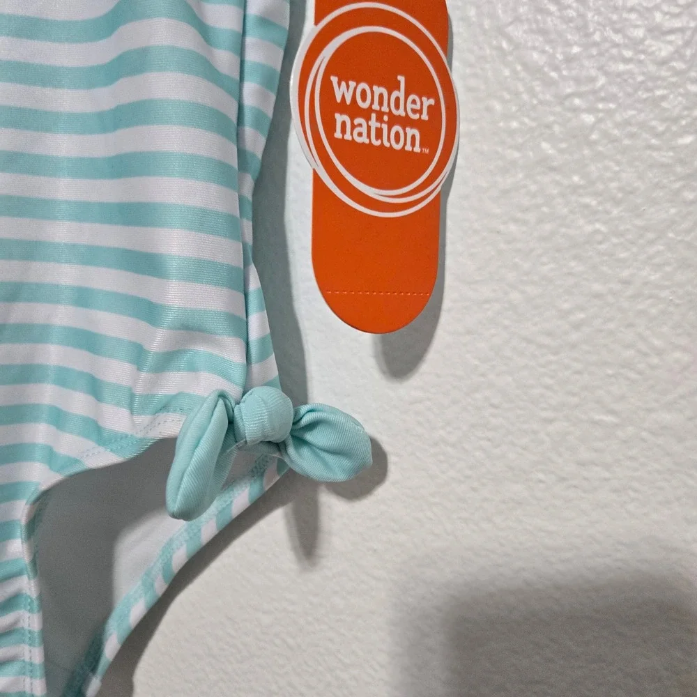 Wonder Nation Girls Swimsuit Aqua White Striped One Piece 2T UPF 50+ NWT‎